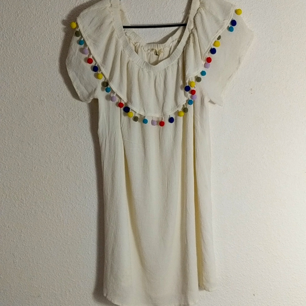 Gauze  Off Shoulders Pom Pom Dress Large Kori